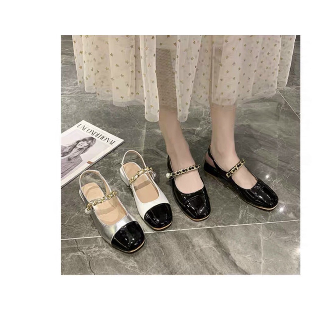 Giày sục chất da bóng phối quai xích ngang hở gót cực hot