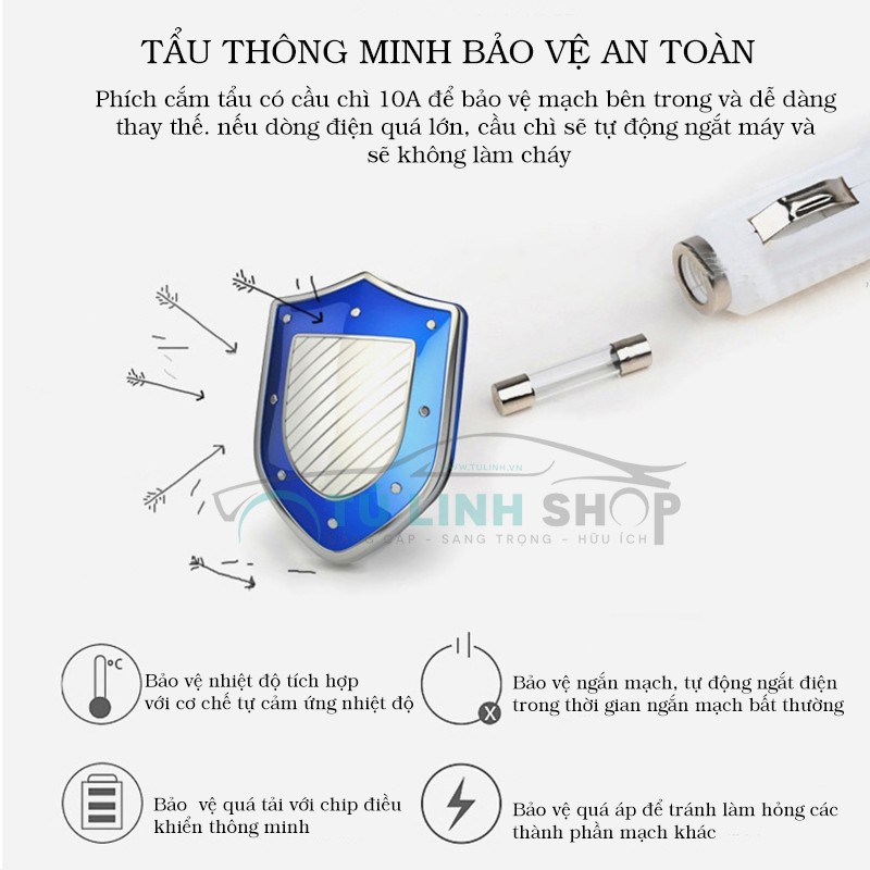 Chia tẩu ô tô thành 3 cổng và 2 usb có cầu chì bảo vệ điện an toàn