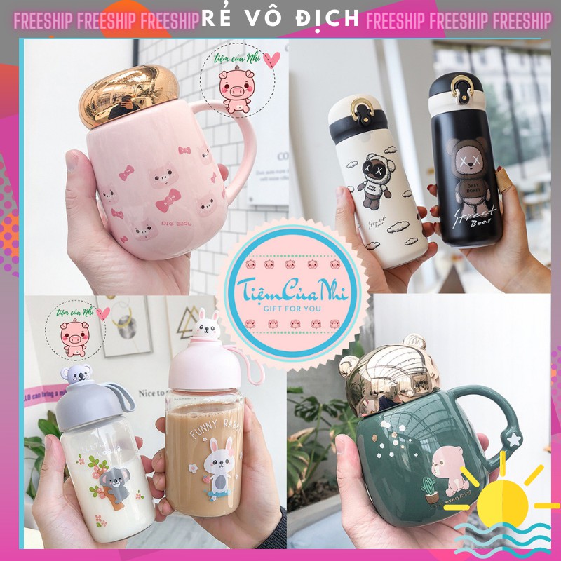 Bình giữ nhiệt bằng sứ có nắp trán gương cao cấp hình gấu, heo 400ml Tiệm Của Nhi