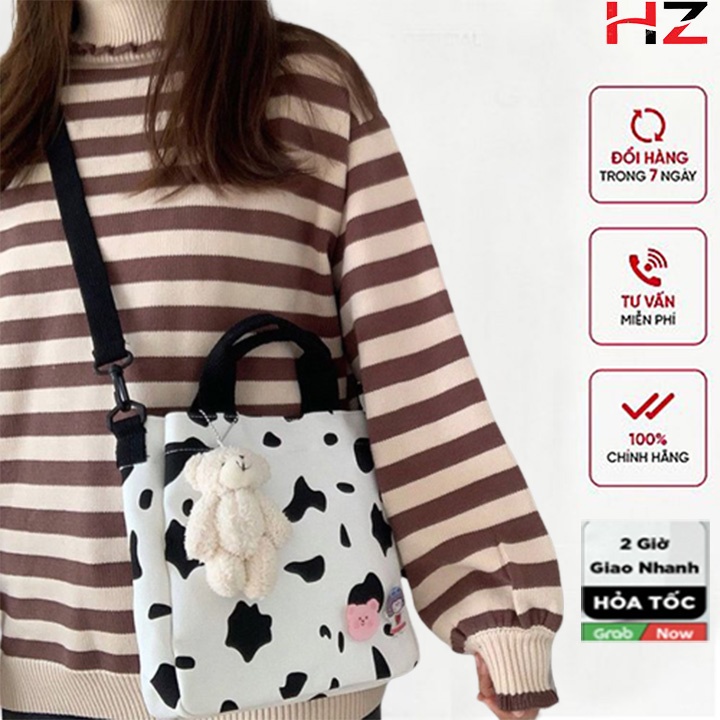 Túi đeo chéo nữ vải canvas họa tiết bò sữa đi học đi chơi vừa khổ A4 Thời Trang Hazin
