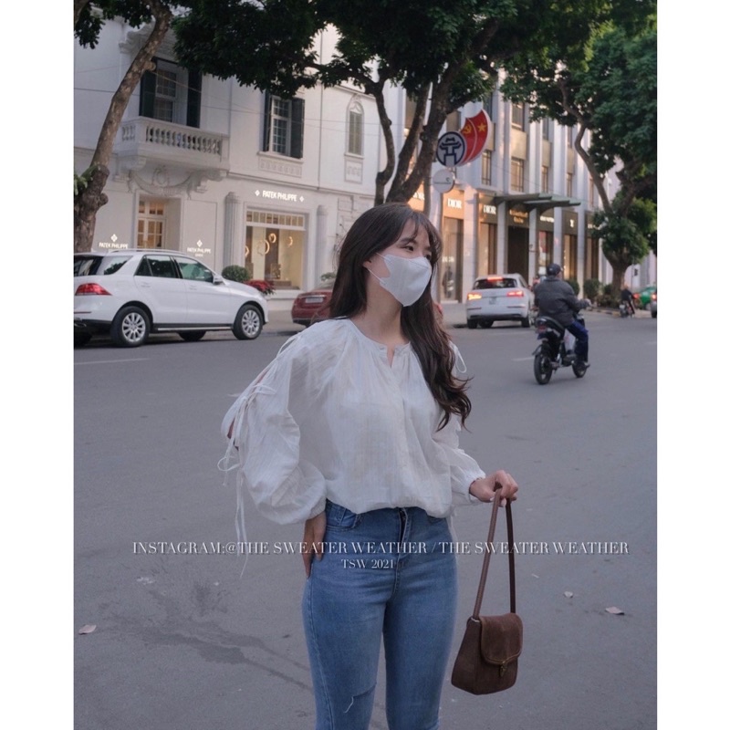 [ Ảnh thật] Áo sơmi chất linen cổ tròn tay bồng thắt nơ phong cách Hàn Quốc, Áo sơmi trắng Cuastore.vn