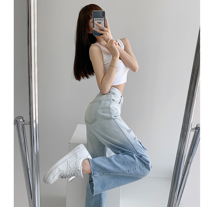 Quần Jean Nữ Lưng Cao Ống Rộng Thiết Kế Rách Gối Thời Trang | BigBuy360 - bigbuy360.vn