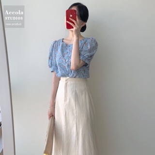 SET SƠ MI HOA XANH PHỐI CHÂN VÁY MIDI