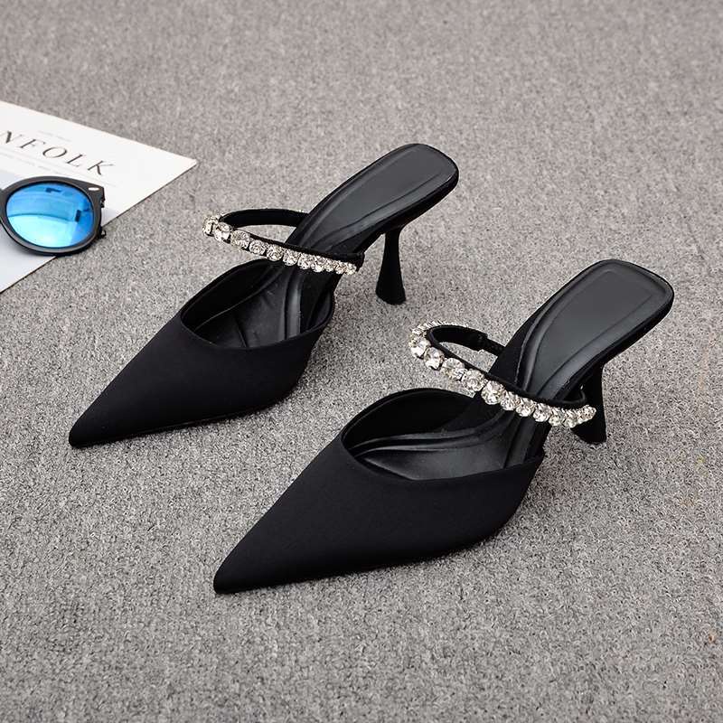 Women's closed toe sandals, pointed toe high heel shoes with rhinestone, shallow mouth, thin heel, elegant and all-match W4IP