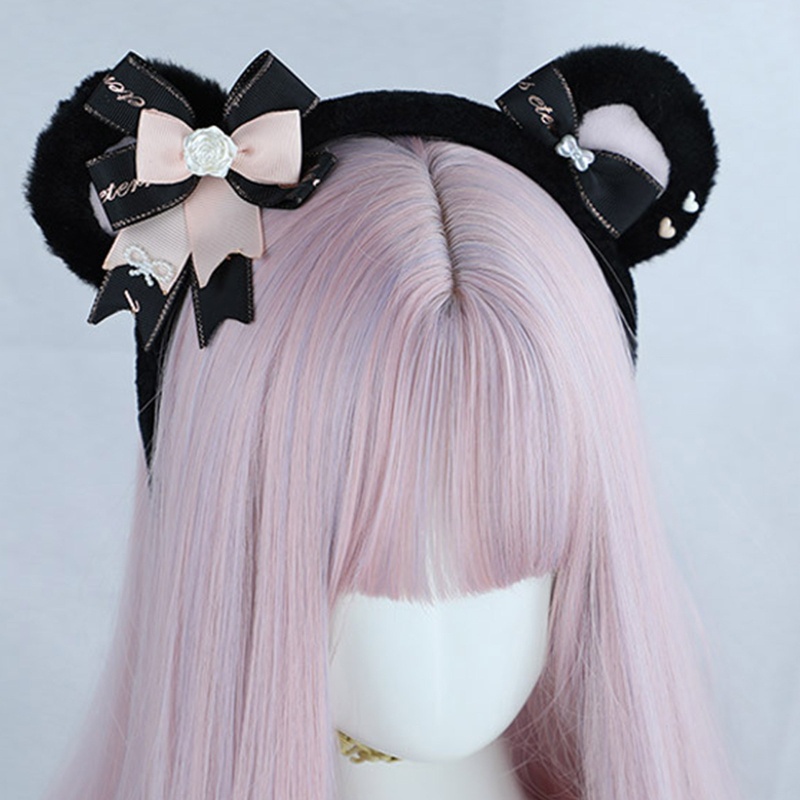 Cài tóc tai gấu đính hoa hồng phong cách Lolita xinh xắn
