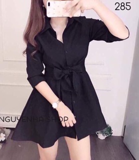 Đầm sơ mi kate xoè cột eo