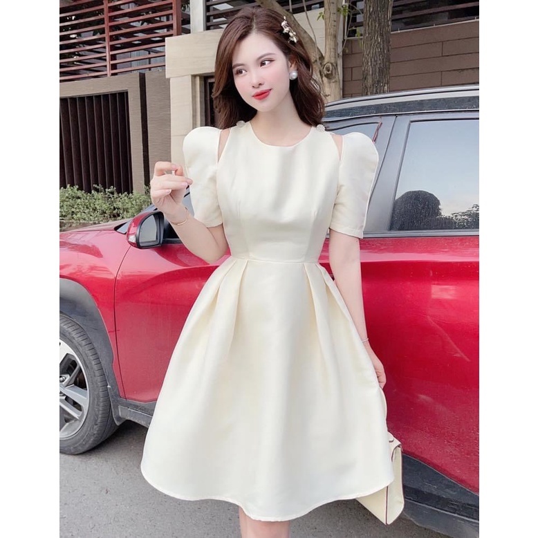 Váy đầm nữ tapta thiết kế cổ tròn tay bồng tiểu thư sang chảnh