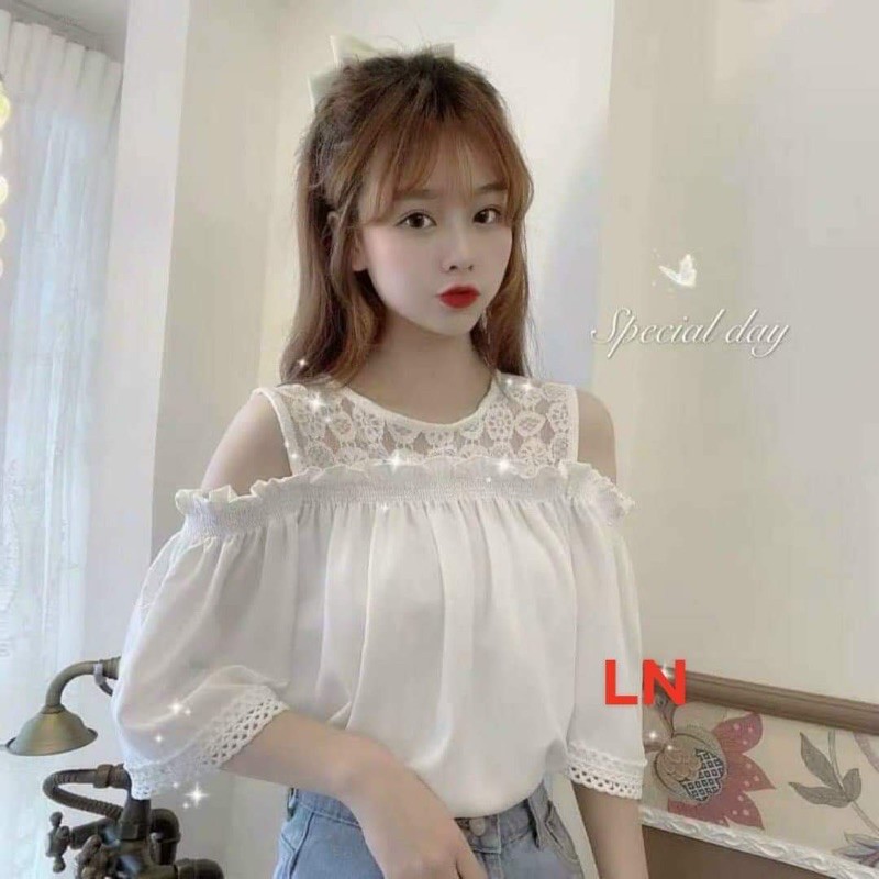 Áo sơmi von phối ren trễ vai DA45