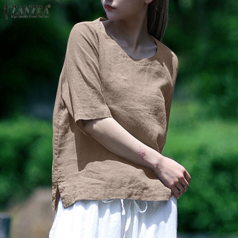Zanzea Áo Kiểu Tay Lỡ Cổ Tròn Màu Trơn Dáng Rộng Phong Cách Retro Dành Cho Nữ