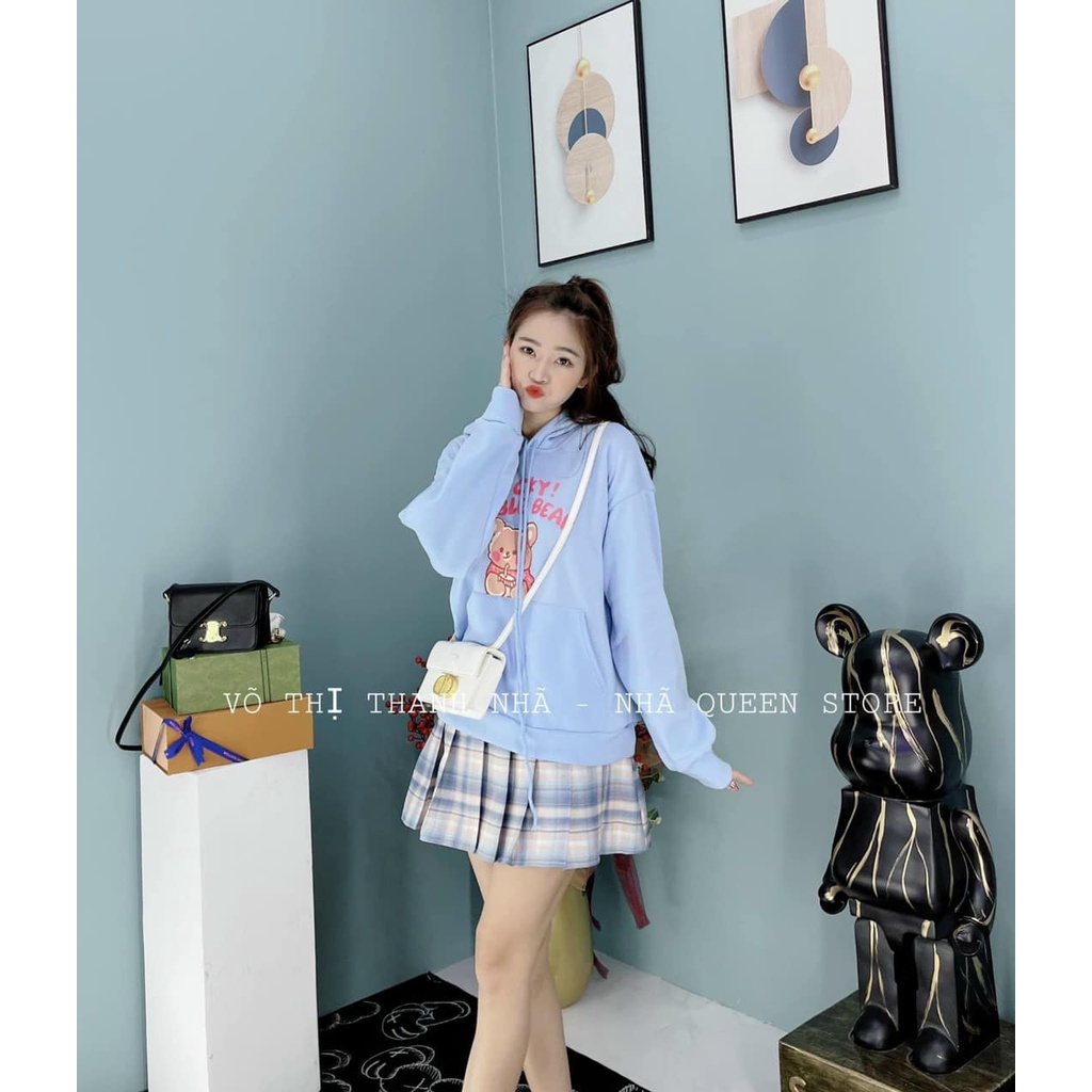 Set hoodie nữ, áo hoodie nữ có nón tông màu xanh trẻ trung kèm chân váy caro xếp ly dễ thương hàng cao cấp Diểm Shop | BigBuy360 - bigbuy360.vn