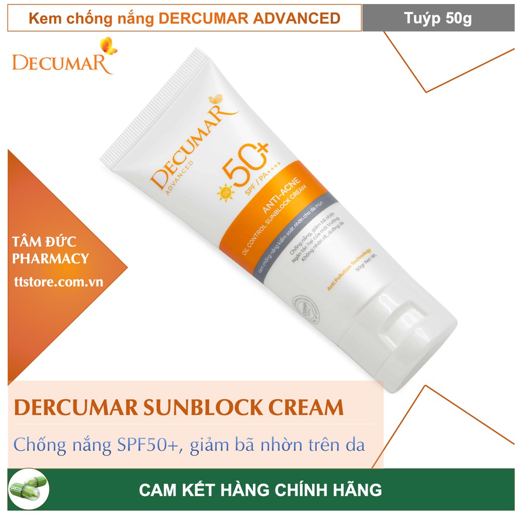 Kem Chống Nắng Kiểm Soát Nhờn Cho Da Mụn DECUMAR SUNBLOCK CREAM [SPF50+] 50gr [decuma, advanced, dercuma, dercumar]