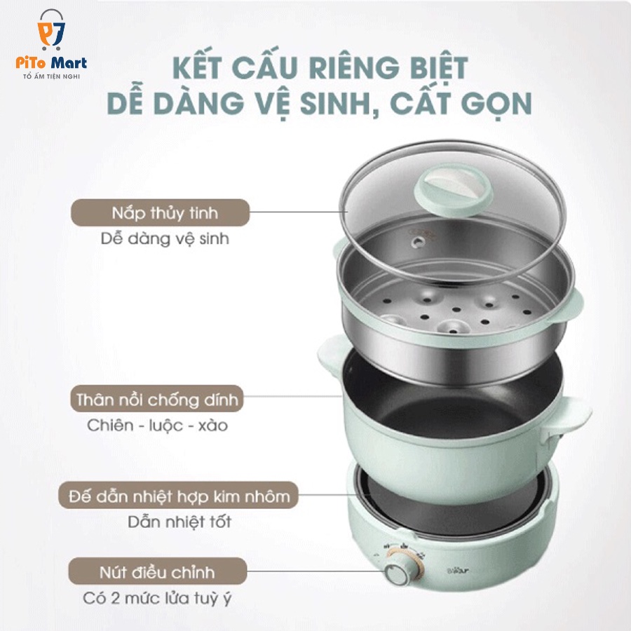 Nồi điện đa năng mini Bear MC-B25V1 kèm lồng hấp 3 tầng nấu, lẩu, hầm màu xanh nhạt 2.5L tiện lợi bảo hành 18 tháng