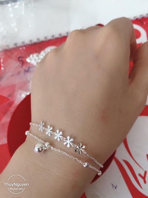 Lắc tay dây đôi (kép) phối hoa quả bi bạc chuẩn mắt xích bền