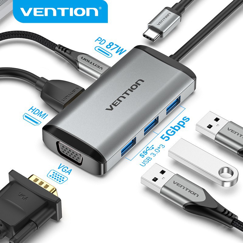 Vention Bộ Chia Cổng Sạc USB C Sang HDMI VGA 4K HDMI 1080P VGA USB 3.0 PD Tiện Dụng