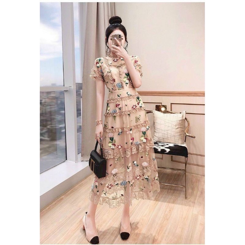 (Order)Đầm ren thêu hoa bèo tầng hàng cao cấp
