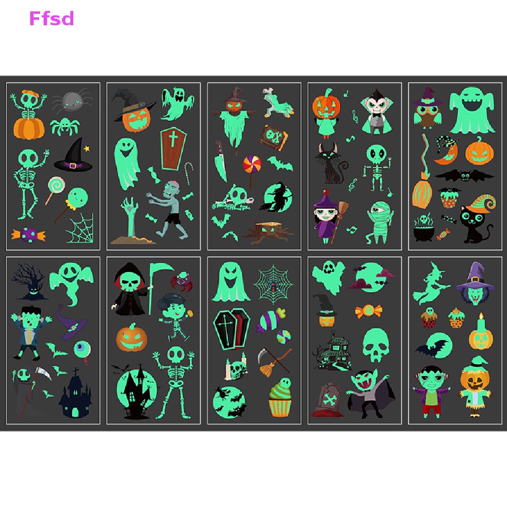 {Ffsd} Set 10 Tấm Hình Xăm Dán Phát Quang Hóa Trang Phù Thủy Halloween