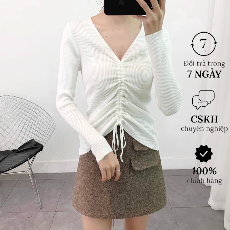 Áo len croptop ôm body tôn dáng cổ chữ V kèm dây rút