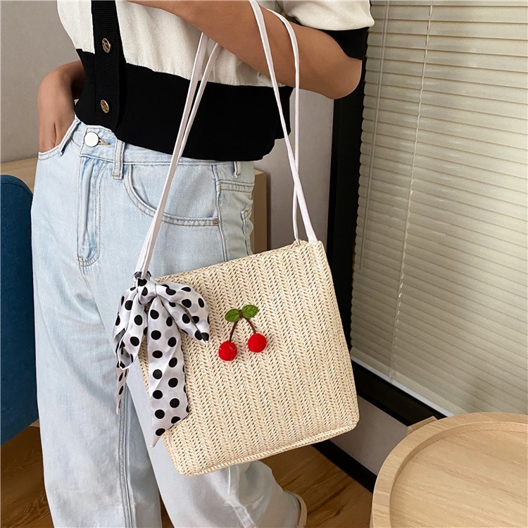 Túi Cói Đẹp Đeo Vai Thời Trang Đi Biển, Đi Du Lịch ( mẫu Cherry)