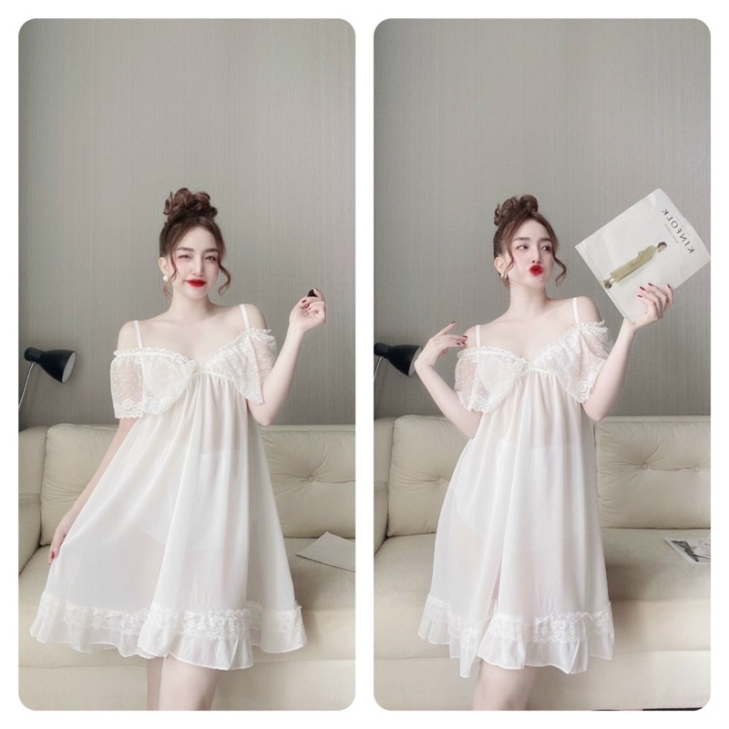 Đồ Ngủ Nữ Sexy, Váy Ngủ Nữ 2 Dây, chiffon bẹt vai kèm quần, freesize 40_65kg, tuỳ chiều cao