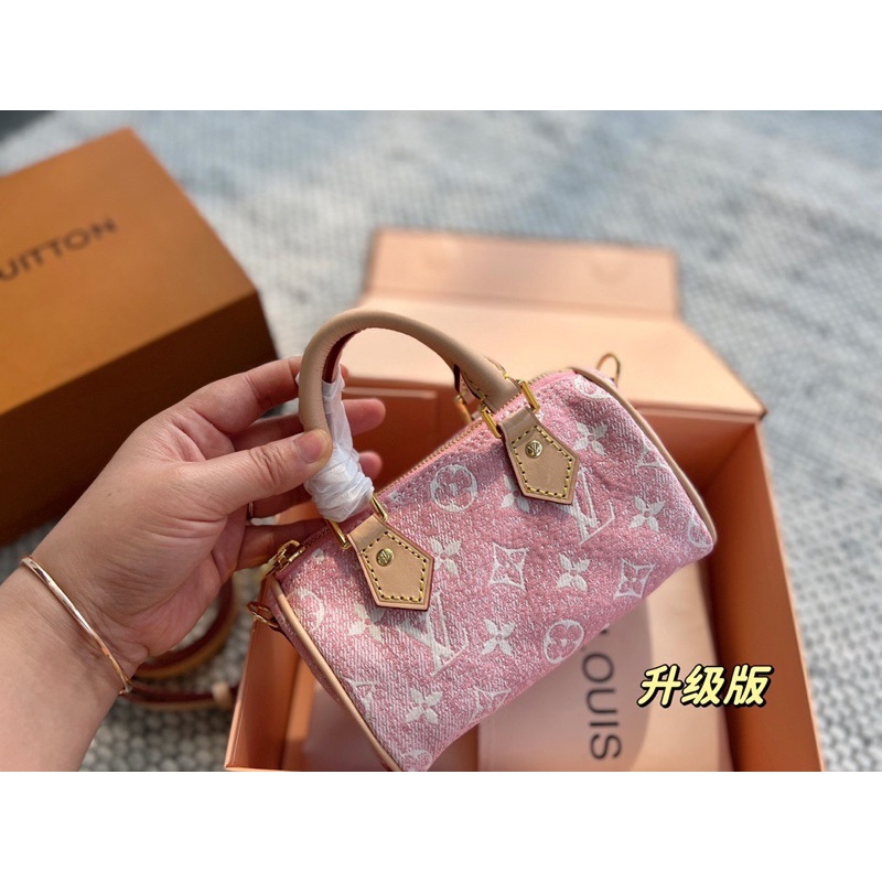 Túi xách nữ dáng trống thương hiệu Louis Vuitton da thật cao cấp phối vải jeans