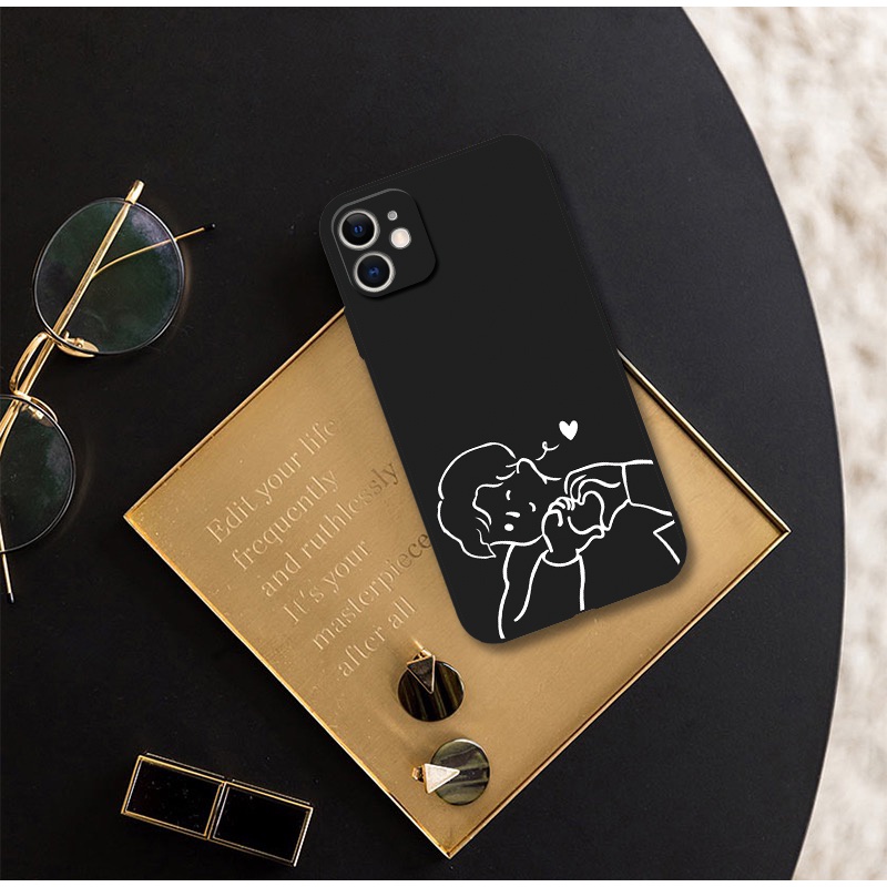 Ốp Điện Thoại Silicon Mềm Viền Đen Hình Cặp Đôi Sáng Tạo Cho iPhone 14 Pro 12 mini 11 13 Pro Max XR 6S 7 8 + XS Max SE2 SE3