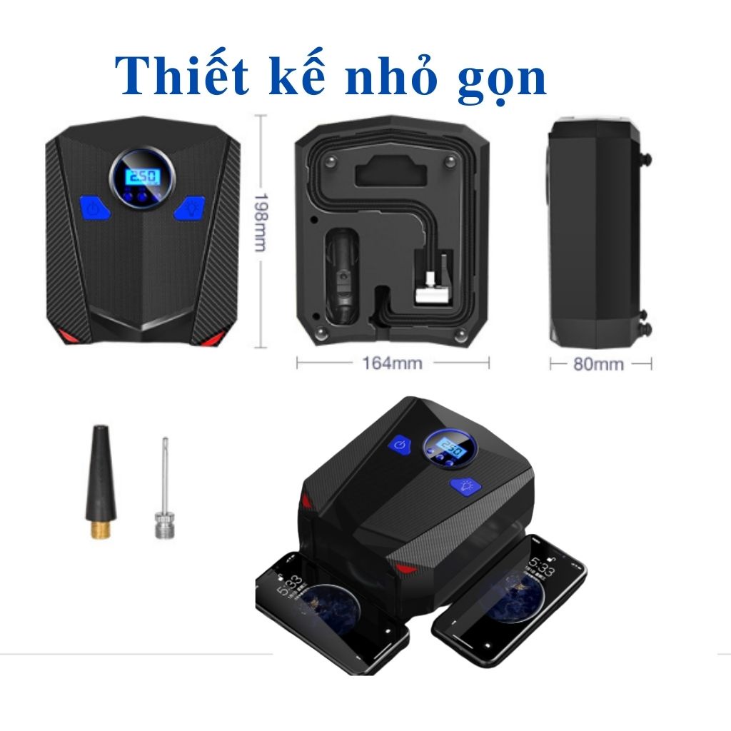 Bơm lốp ô tô xe máy tự ngắt, bơm lốp ô tô xe hơi AIKESI có đèn pin siêu sáng