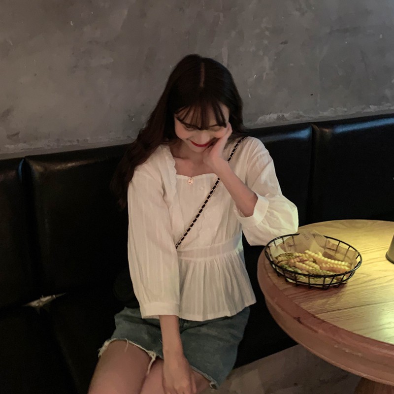 [CÓ SẴN FREESHIP TỪ 50K] Áo kiểu xô trắng đen viền ren babydoll dễ thương màu trơn
