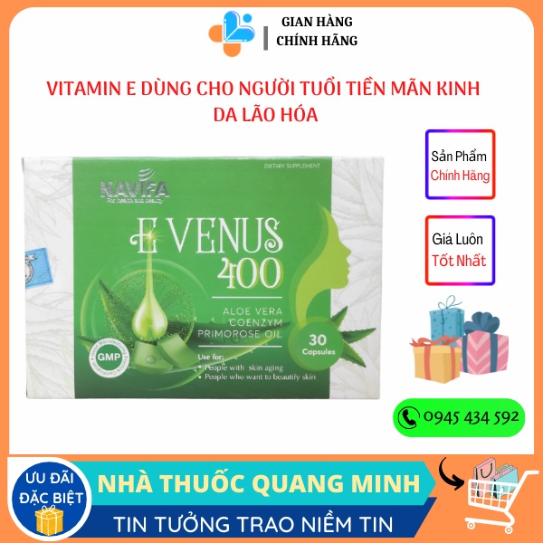 Vitamin E - Nha đam - E VENUS 400 giúp chống lão hóa làm đẹp da, ngừa sạm da, nhăn da hiệu quả - Hộp 30 viên