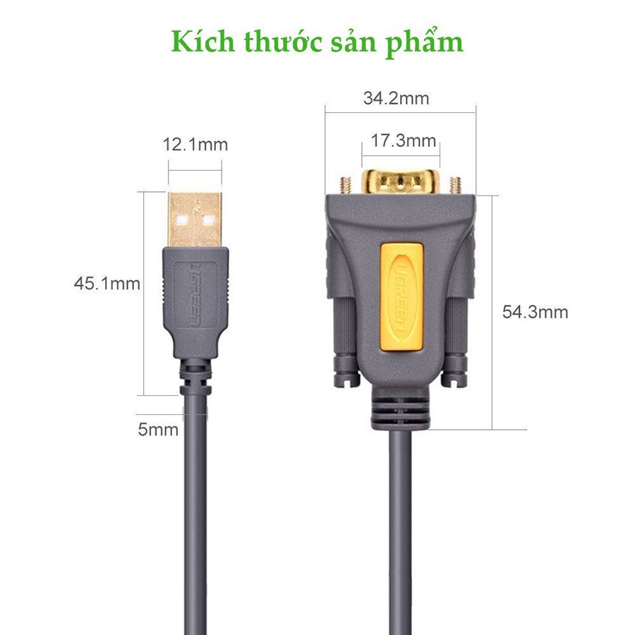 Cáp USB to Com RS232 DB9 Ugreen 20211 dài 1.5m - Hàng chính hãng