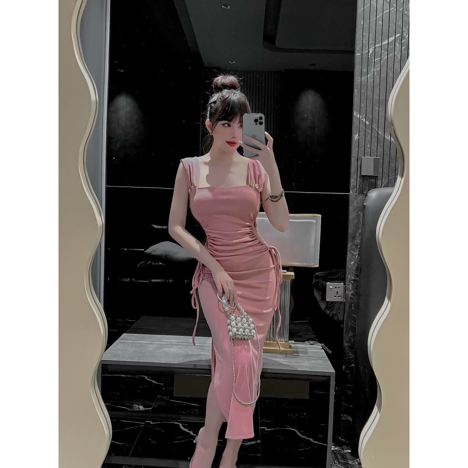 [9.9 Sales Freeship] Đầm nữ cổ vuông ôm body dáng dài, đầm thun gân 2 dây đính nút khoét eo cột dây xẻ tà sexy dx