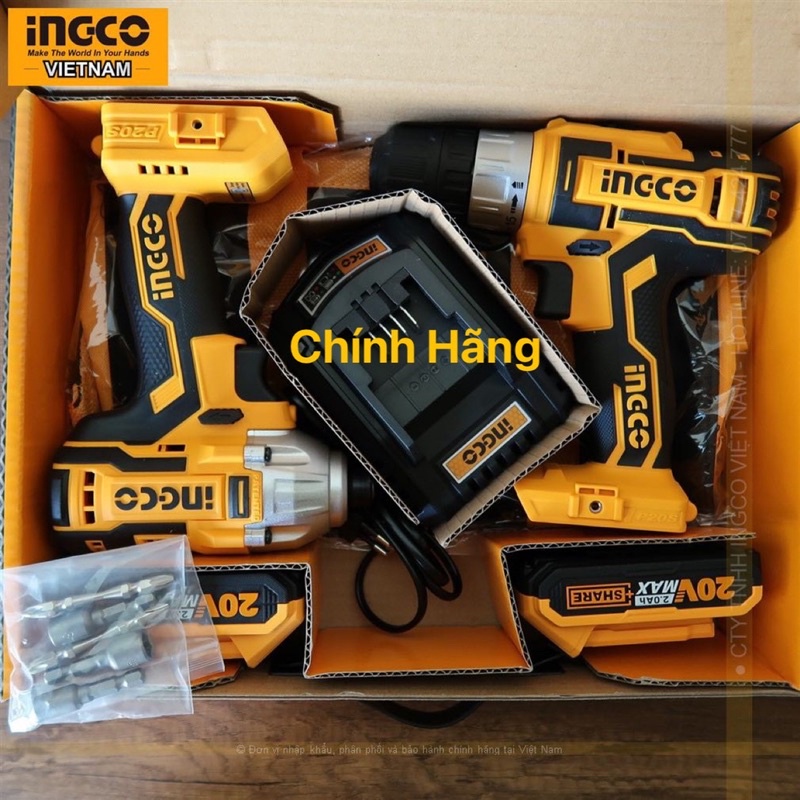 INGCO Bộ Combo máy Khoan 10mm & máy siết vít 1/4" dùng pin Lithium 20V CKLI2006