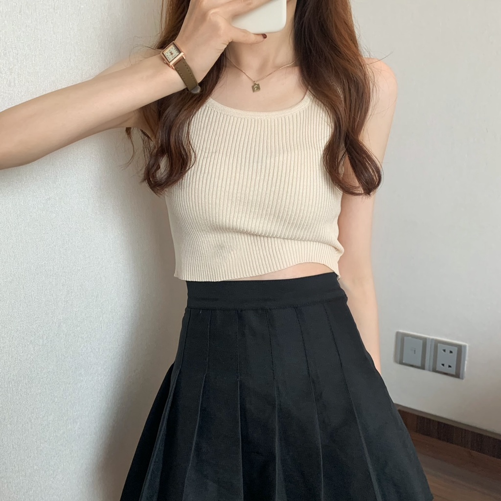 Áo croptop nữ len tăm ba lỗ Cổ chữ U Áo dây kiểu croptop 3 lỗ