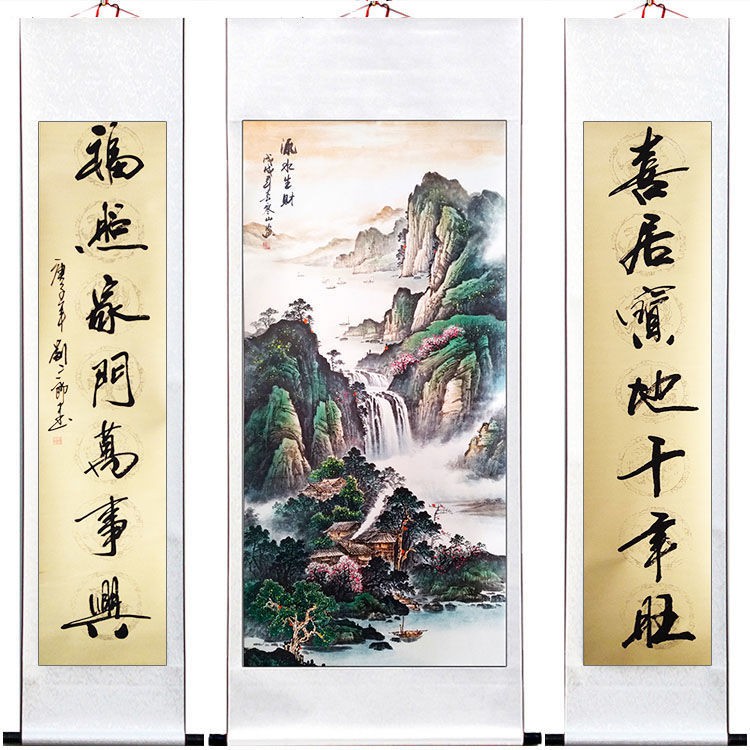 Tranh phong cảnh Trung Quốc thủy ủng hộ Shan Zhongtang câu đối cuộn dọc và thư pháp phòng khách trang trí may mắn