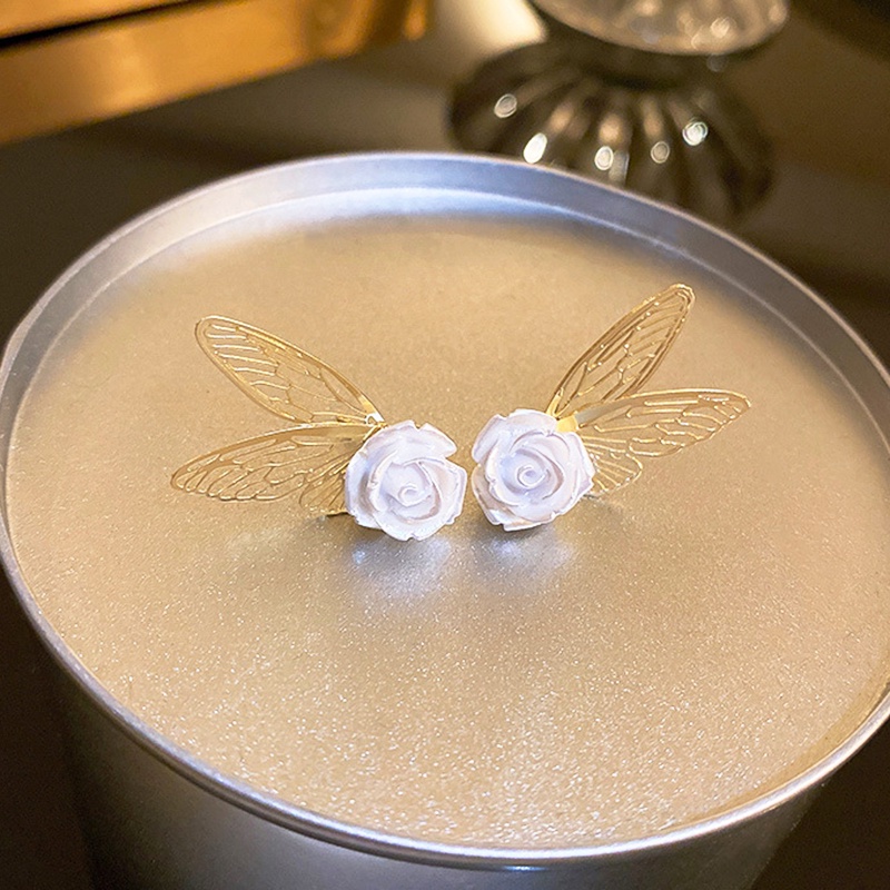 Bông Tai Hình Hoa Hồng Và Cánh Bướm Màu Trắng Dễ Thương Phong Cách Hàn Quốc Thời Trang Cho Nữ