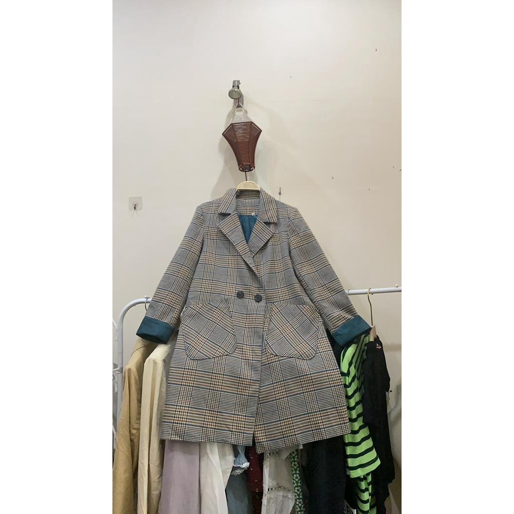 Áo blazer dáng dài họa tiết kẻ caro form 2 nút 2 lớp tay gấp 2hand giá rẻ