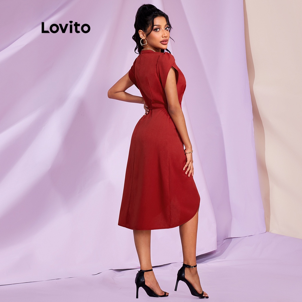 106DP-váy (Lovito Exclusive) STIPPLING WORLD Dây quấn cổ chữ V trơn Tao nhã L28LE024 (Đỏ tía)