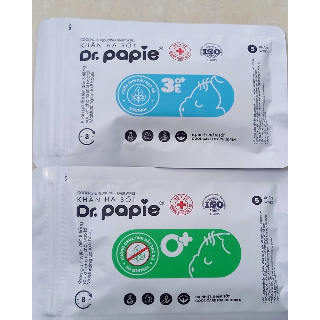 Túi 5 khăn lau hạ sốt dr. papie. Khăn lau thảo dược giúp hạ nhiệt, giảm đau , giảm sốt an toàn cho trẻ