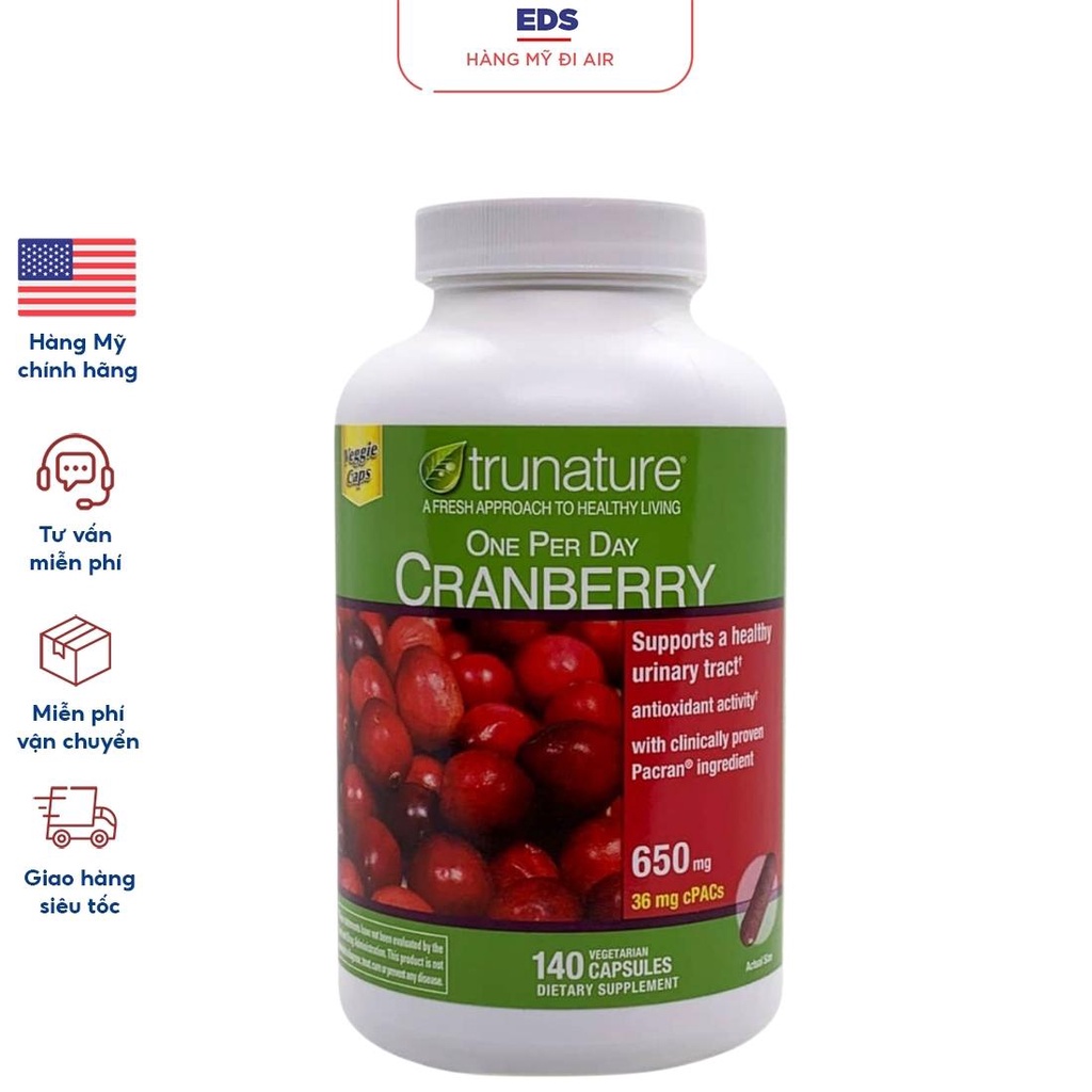 Viên uống hỗ trợ date 8/2024 đường tiết niệu và chống oxy hóa Trunature Cranberry 650mg - EDS Hàng Mỹ