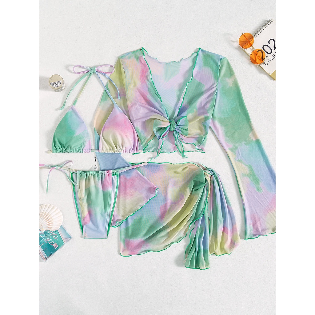Bộ Đồ Bơi Bốn Mảnh Họa Tiết Màu Nhuộm Phong Cách Ins Gợi Cảm