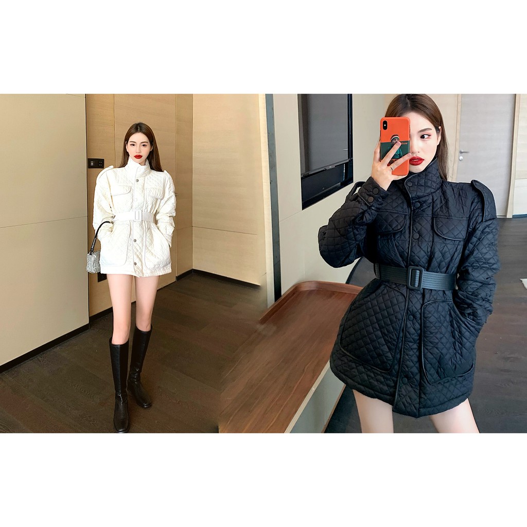 👗👗Áo Khoác Phao Đệm Cotton Dáng Dài Họa Tiết Hình Thoi Thời Trang