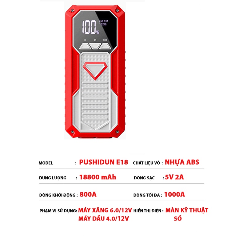 Kích điện khởi động ô tô PUSHIDUN tích hợp pin dự phòng 18800 mAh - bộ kích nổ acquy xe hơi - king_car