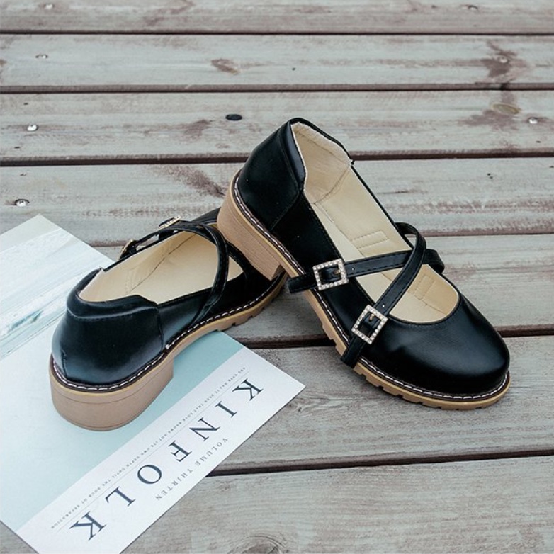 Giày Búp Bê Nữ Sandal Nữ Quai Chéo Gót Thấp 3 Phân Phong Cách Nhật Bản