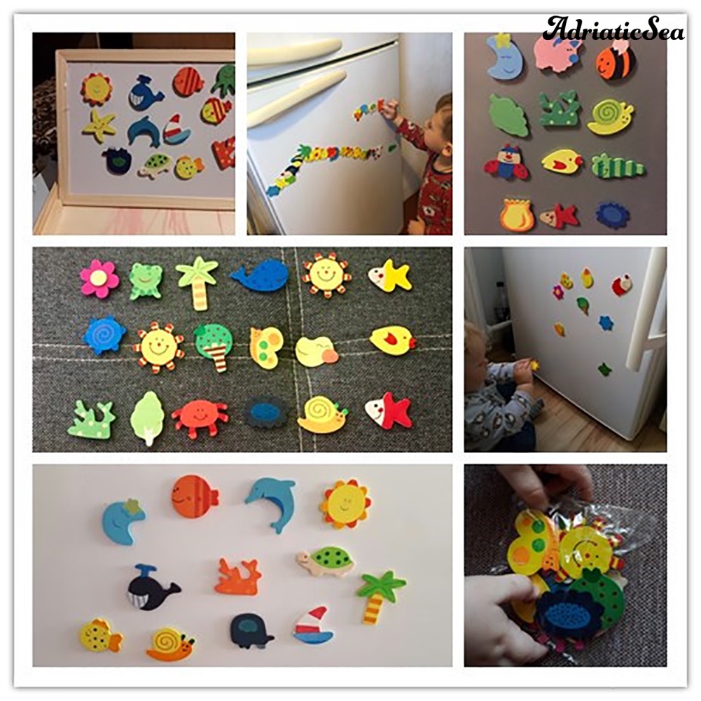 Set 12 miếng dán nam châm gắn tủ lạnh hình động vật hoạt hình bằng gỗ tiện dụng