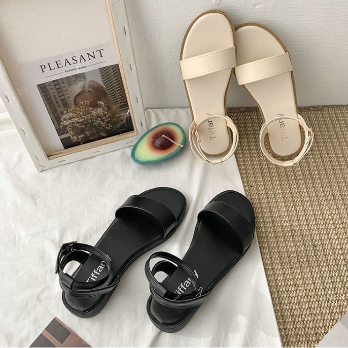 Sandal bệt nữ, Dép bệt nữ quai ngang bản vừa, 2 màu kem + đen - Hàng Quảng Châu