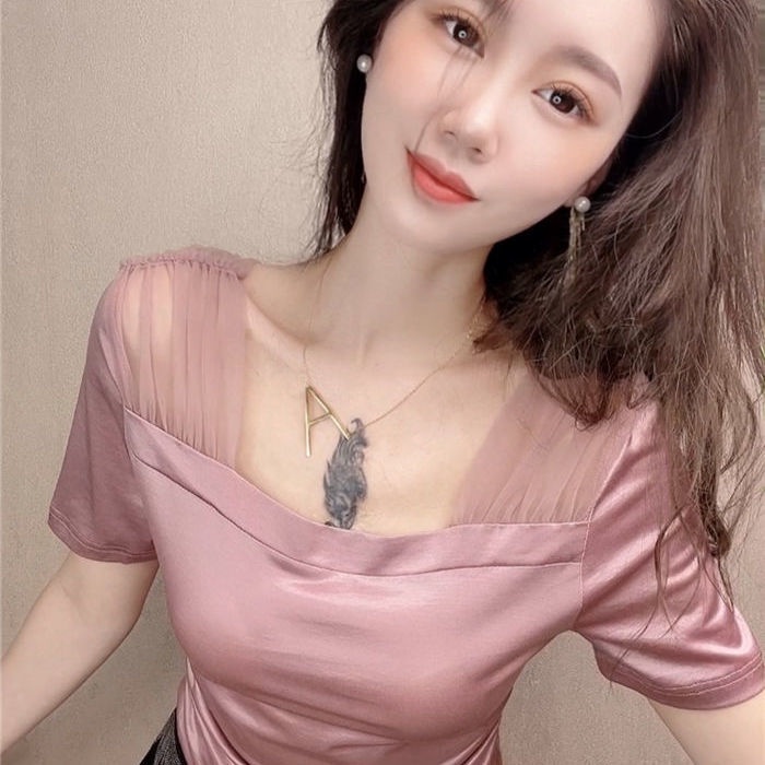 Áo Thun Lưới Cổ Vuông Tay Ngắn Hở Vai Màu Hồng Thời Trang Dành Cho Nữ