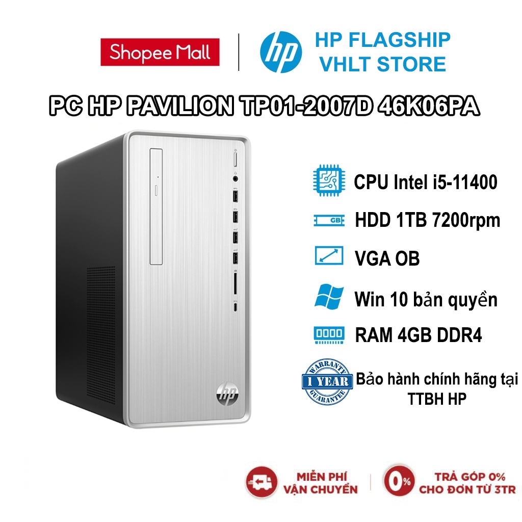 Bộ Máy Tính Bàn PC HP PAVILION TP01-2007D 46K06PA I5-11400| 4GB| 1TB| OB| DVD| WIFI,BT| WIN10 (Bạc)