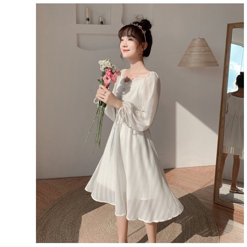 [Ảnh thật] Váy trắng nhún ngực dáng xòe tiểu thư - Đầm trắng cúc ngực thắt nơ tay