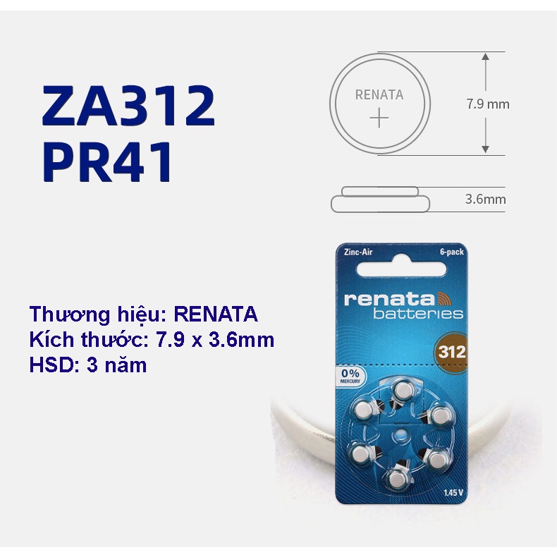 Pin Máy Trợ Thính RENATA Thụy Sỹ PR41-312 Chính Hãng Vỉ 6 Viên