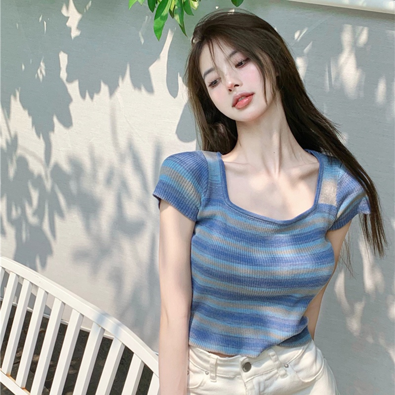 Áo Croptop Tay Ngắn Cổ Vuông Họa Tiết Sọc Ngang Thời Trang Cho Nữ