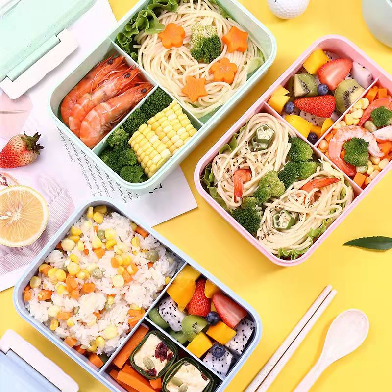 Hộp Đựng Cơm Trưa Văn Phòng 3 Ngăn Loại 1 Bằng Nhựa Lúa Mạch An Toàn Vệ Sinh Kèm Đũa Thìa Dùng Được Trong Lò Vi Sóng